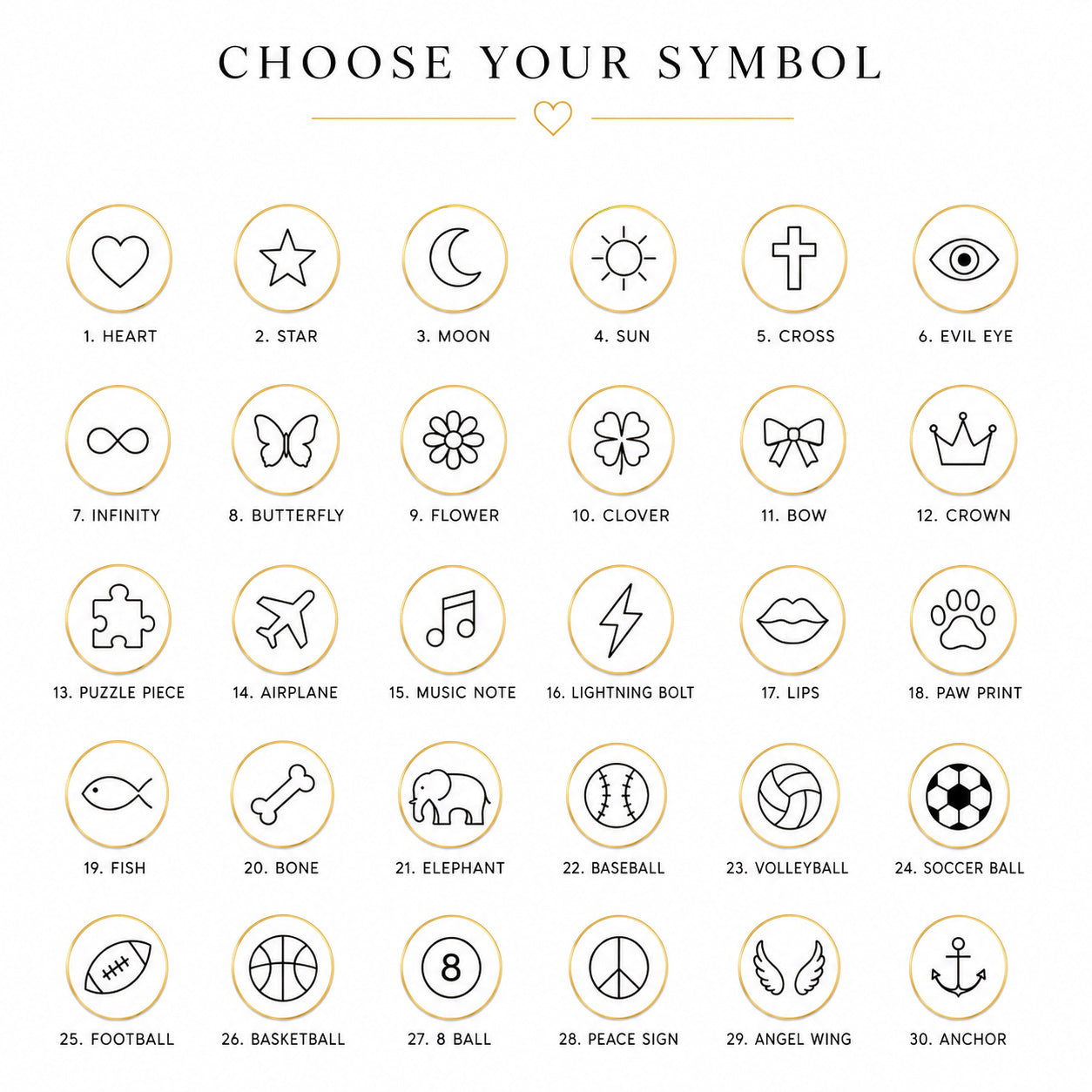 Optional symbol charms for custom name necklaces including hearts, stars, butterflies and more.