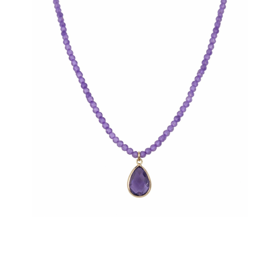 14k yellow gold pink amethyst gemstone bead necklace with pear drop pendant