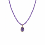 14k yellow gold pink amethyst gemstone bead necklace with pear drop pendant