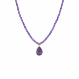 14k yellow gold pink amethyst gemstone bead necklace with pear drop pendant