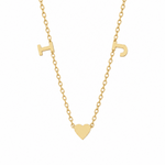 14K yellow gold necklace with I and J initials and a polished center heart on a delicate diamond-cut chain.