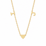 14K yellow gold necklace with I and J initials and a polished center heart on a delicate diamond-cut chain.