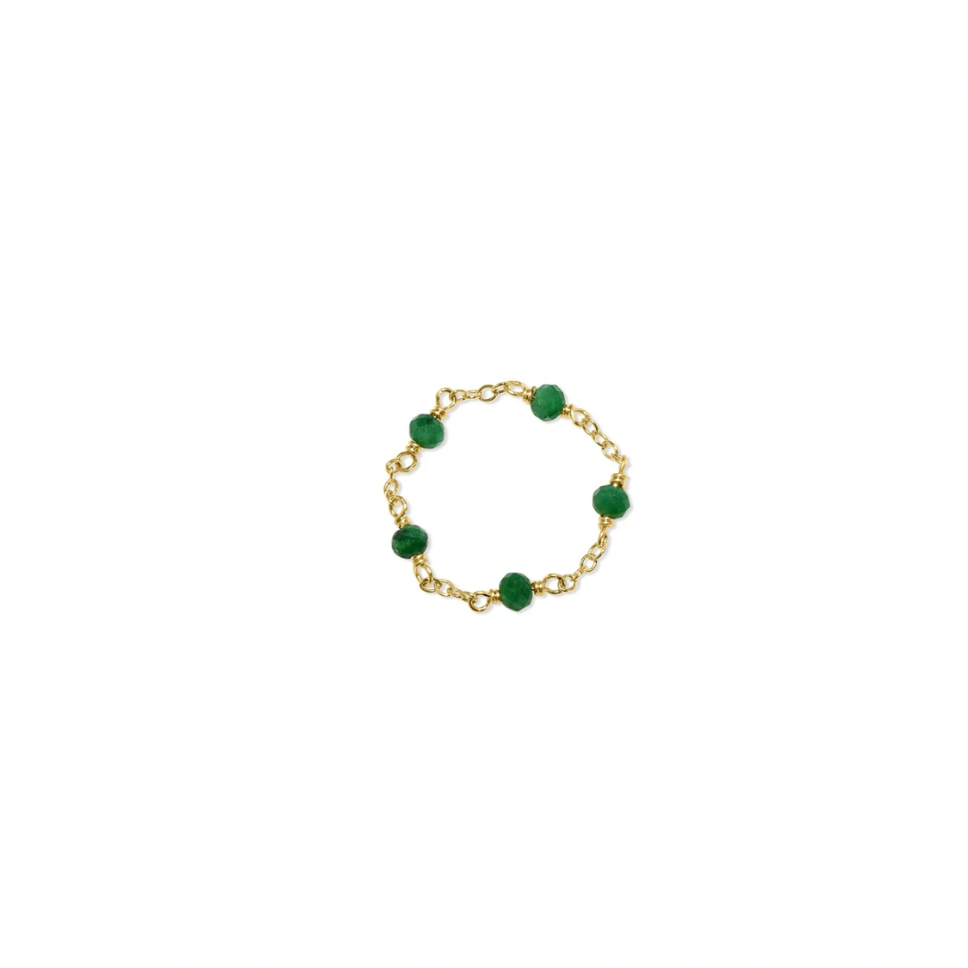 14k solid yellow gold chain ring with five emerald gemstone beads