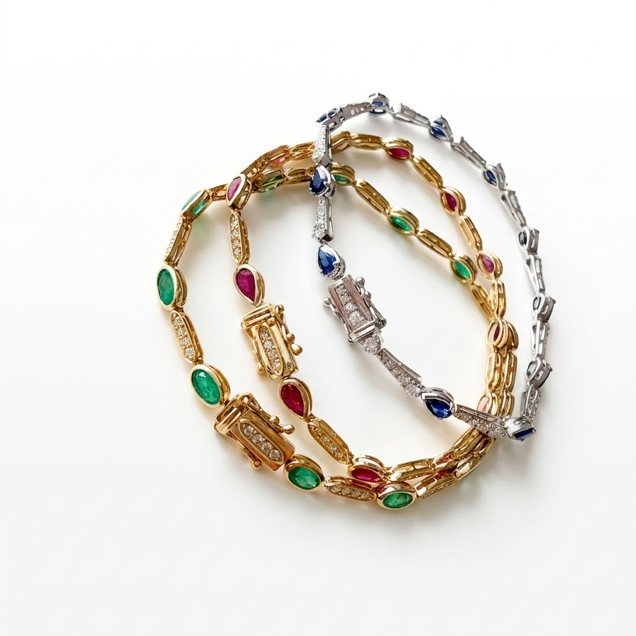 Three gold and silver bracelets with gemstones on a white background