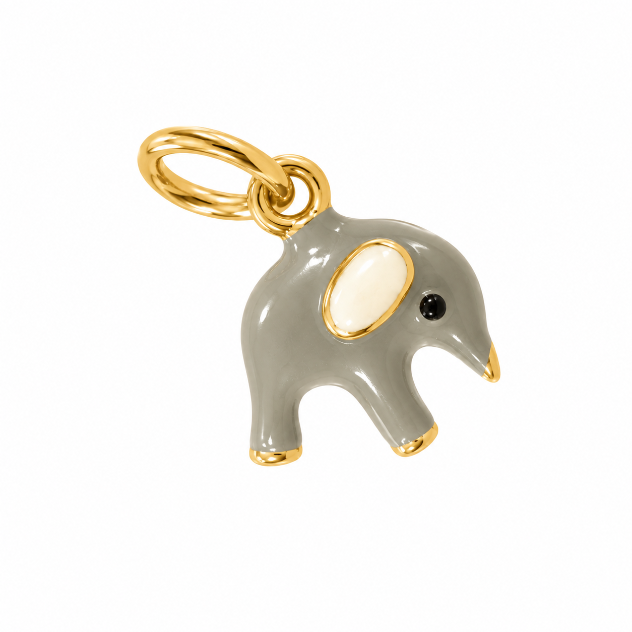 Brass elephant charm pendant with colorful enamel detailing and bail, isolated on white background