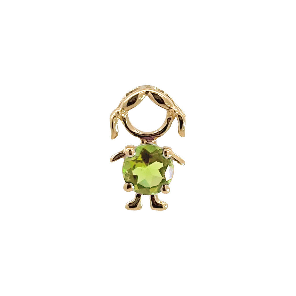 14K solid yellow gold boy and girl birthstone charms with colorful gemstones representing each birth month on a white background.