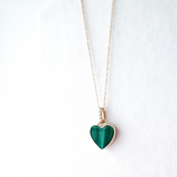 14K Solid Yellow Gold Malachite Heart with Pave Diamond Necklace