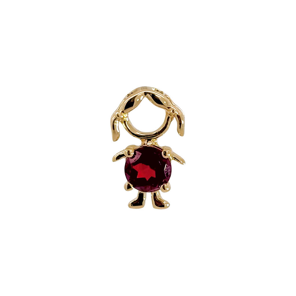 14K solid yellow gold boy and girl birthstone charms with colorful gemstones representing each birth month on a white background.