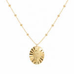 14K solid yellow gold Our Lady of Guadalupe beaded necklace with raised Virgin Mary medal.