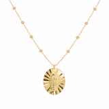 14K solid yellow gold Our Lady of Guadalupe beaded necklace with raised Virgin Mary medal.