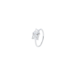 Diamond ring with a baguette cut diamond on a white background