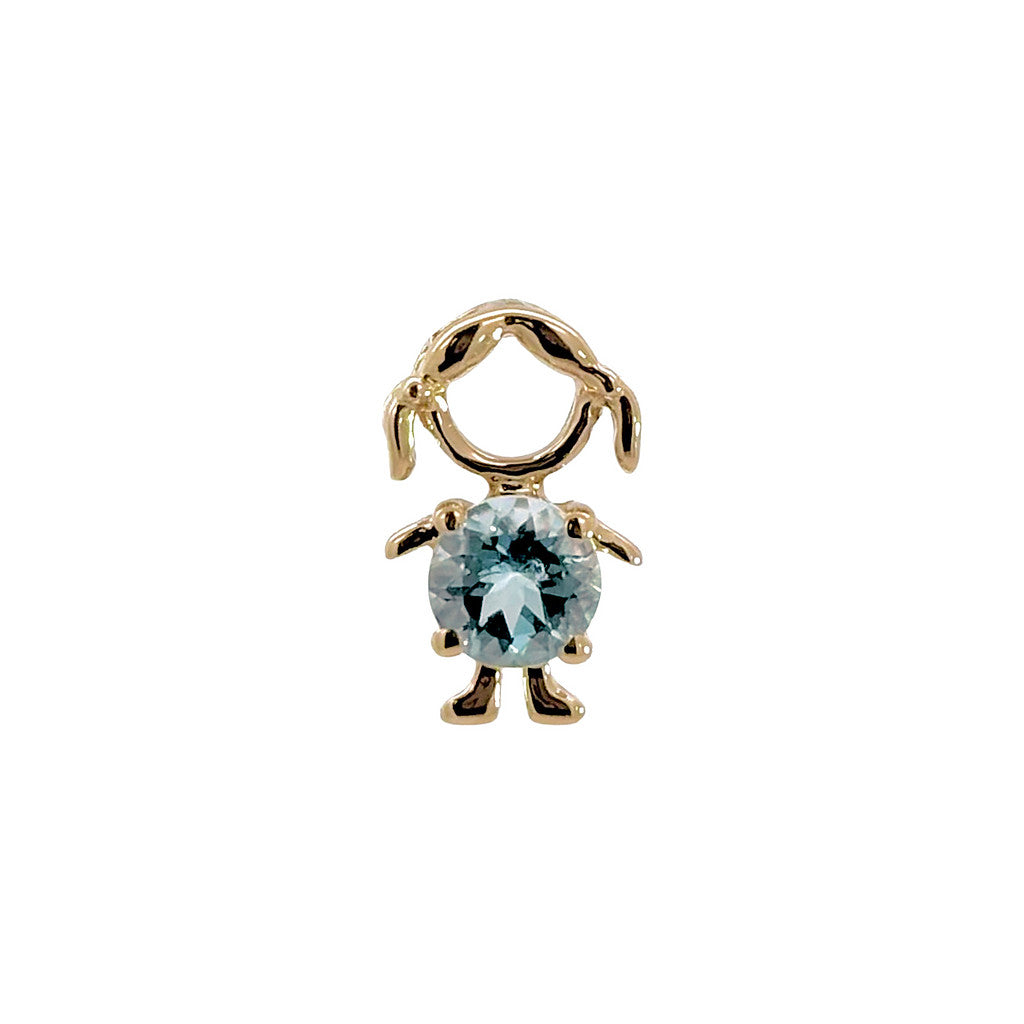 14K solid yellow gold boy and girl birthstone charms with colorful gemstones representing each birth month on a white background.