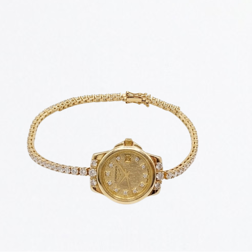 14k yellow gold watch style bracelet with zirconia stones