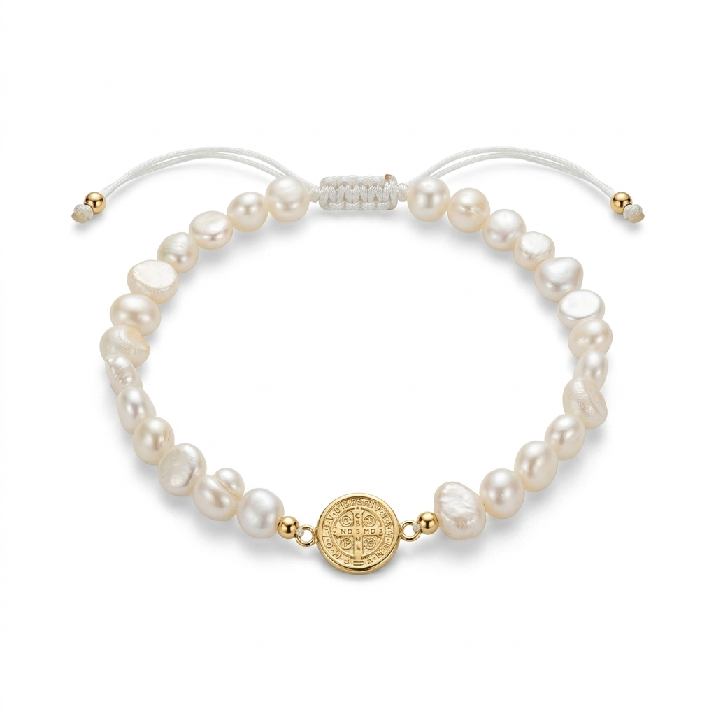 14K solid yellow gold bracelet with flat freshwater baroque pearls, white satin macramé cord, and reverse side Saint Benedict protective medal