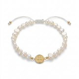 14K solid yellow gold bracelet with flat freshwater baroque pearls, white satin macramé cord, and reverse side Saint Benedict protective medal