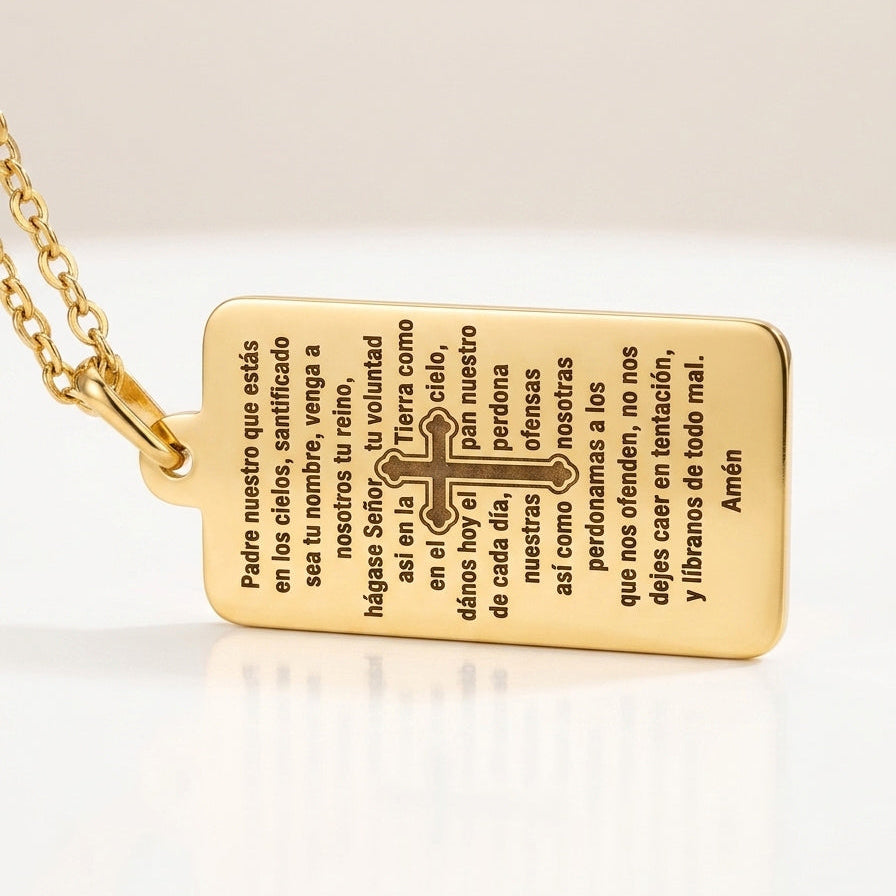 14K solid yellow gold Padre Nuestro prayer tag pendant with engraved cross and Lord’s Prayer on a polished rectangular gold pendant