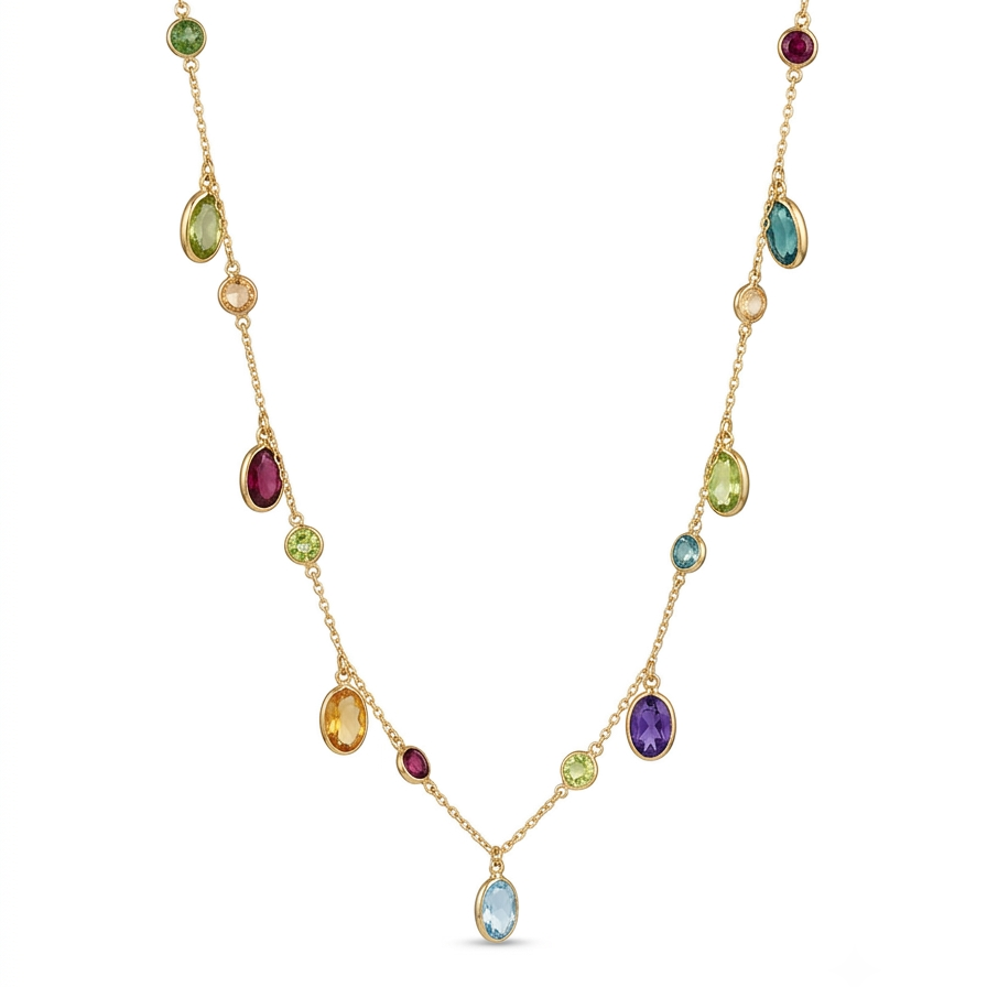 Woman wearing an 18K solid yellow gold multi-gemstone necklace featuring natural garnet, blue topaz, citrine, peridot and amethyst bezel-set charms