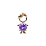 14K solid yellow gold boy and girl birthstone charms with colorful gemstones representing each birth month on a white background.