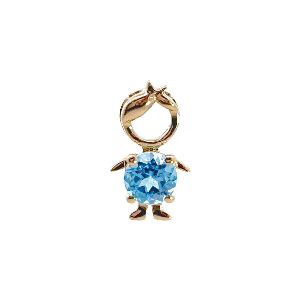 14K solid yellow gold boy and girl birthstone charms with colorful gemstones representing each birth month on a white background.