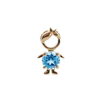 14K solid yellow gold boy and girl birthstone charms with colorful gemstones representing each birth month on a white background.