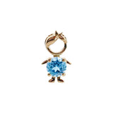 14K solid yellow gold boy and girl birthstone charms with colorful gemstones representing each birth month on a white background.