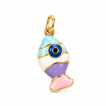 Brass fish charm pendant with colorful enamel detailing and bail on white background