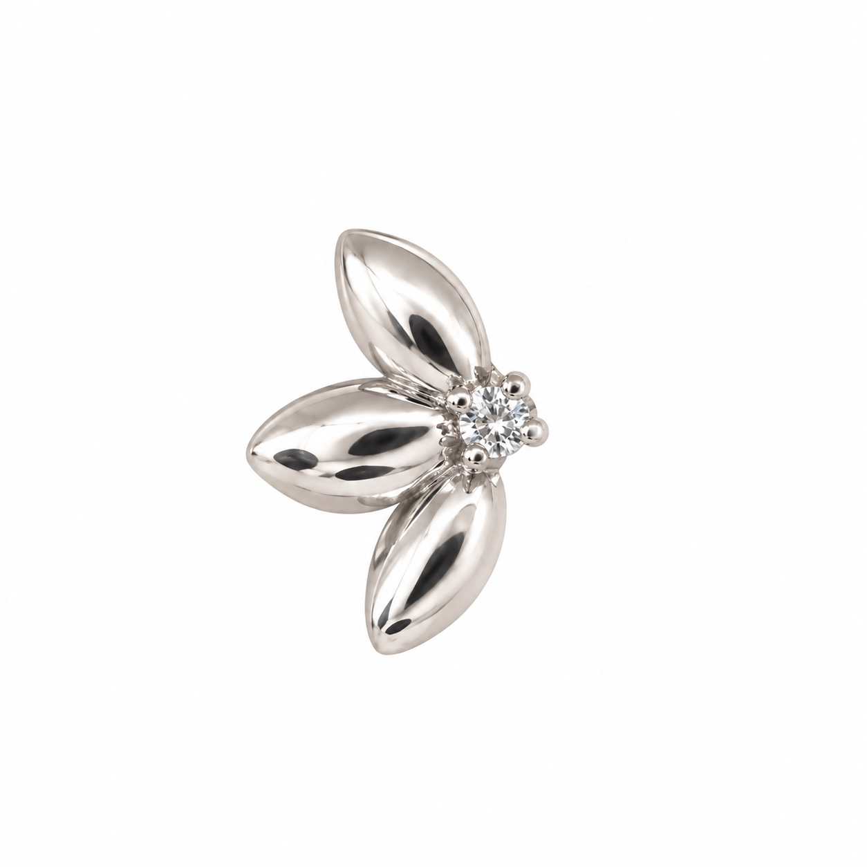 925 sterling silver single stud earring with three polished petals and a round cubic zirconia center on a white background.