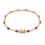 14k yellow gold ruby and diamond tennis bracelet pear cut rubies 5ct, luxury ruby bracelet with diamond bars fine jewelry, elegant ruby bracelet 6.75 inch gold, ruby diamond bracelet white background ecommerce