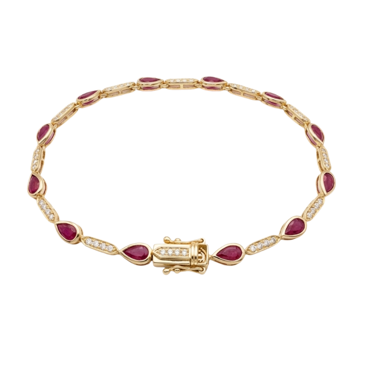 14k yellow gold ruby and diamond tennis bracelet pear cut rubies 5ct, luxury ruby bracelet with diamond bars fine jewelry, elegant ruby bracelet 6.75 inch gold, ruby diamond bracelet white background ecommerce
