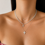 Lightweight 14K white gold cross pendant on delicate box chain.