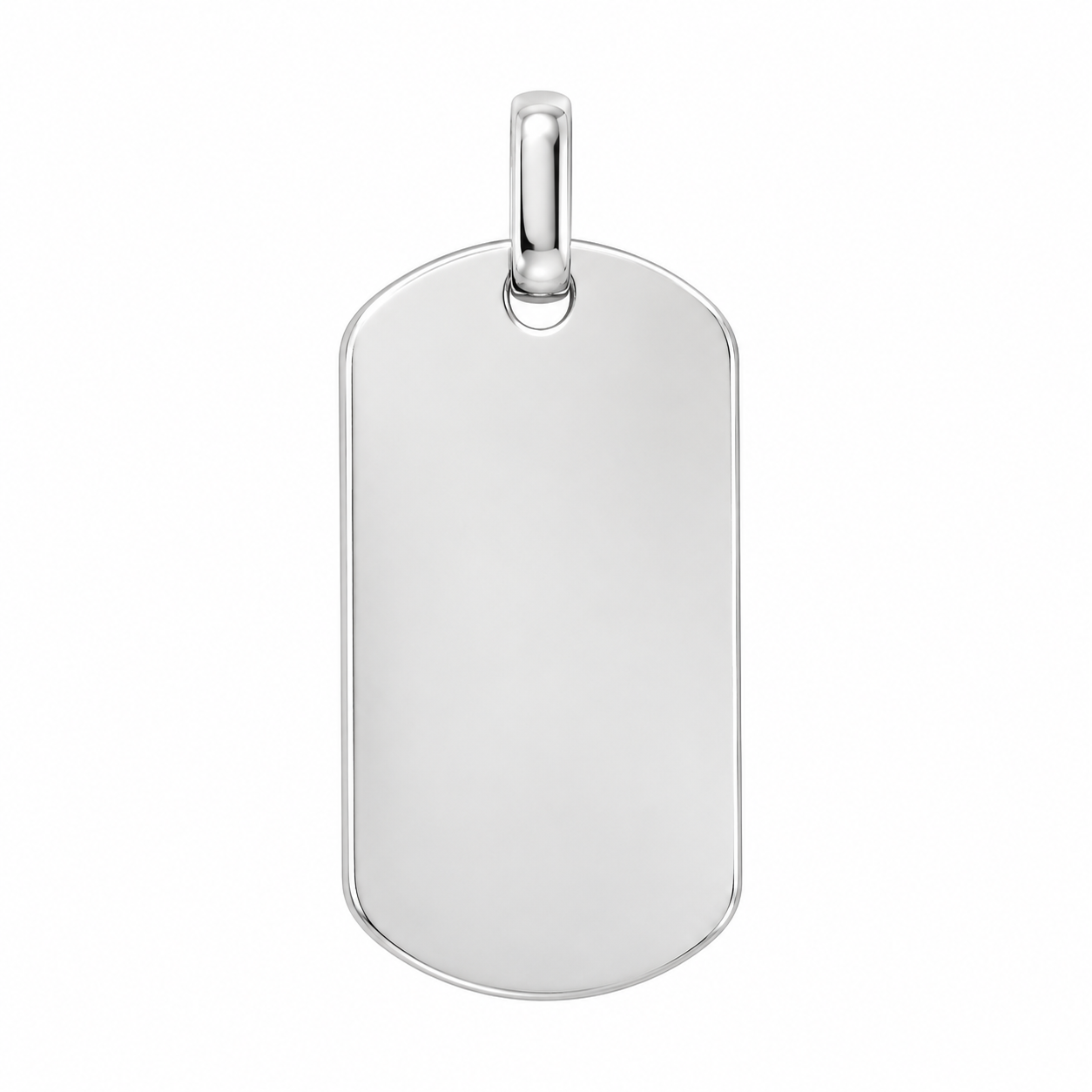 Polished 925 sterling silver rectangular dog tag pendant with rounded corners, a plain engravable surface, and an attached bail on a white background.