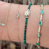 Close-up of a wrist wearing multiple gold and green gemstone bracelets against a blurred natural background.