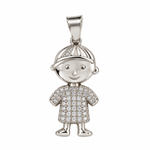 925 sterling silver boy charm pendant with a cap, smiling face, cubic zirconia-set outfit, and an attached bail.