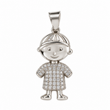 925 sterling silver boy charm pendant with a cap, smiling face, cubic zirconia-set outfit, and an attached bail.