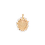 14K Solid Yellow Gold Miraculous Virgin Medal with Pearls