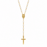 14K Solid Yellow Gold Pearls Rosary Necklace – 59 Pearls, Miraculous Medal & Reversible Cross