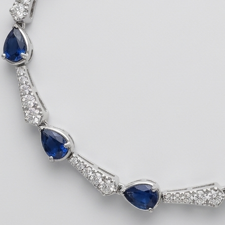 14K Solid White Gold Blue Sapphire with Natural Diamonds Tennis Bracelet