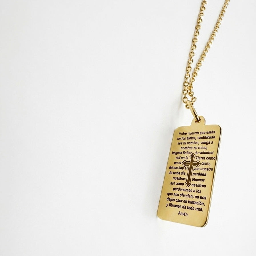 14K solid yellow gold Padre Nuestro prayer tag pendant with engraved cross and Lord’s Prayer on a polished rectangular gold pendant
