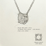 hand-drawn jewelry sketch of 1.09 ct round brilliant lab-grown diamond necklace with 4 prong 14K white gold setting
