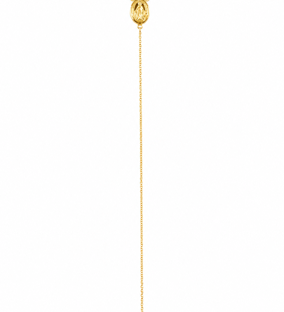     14K solid gold double Miraculous Medal necklace featuring two Italian Virgin Mary medals.