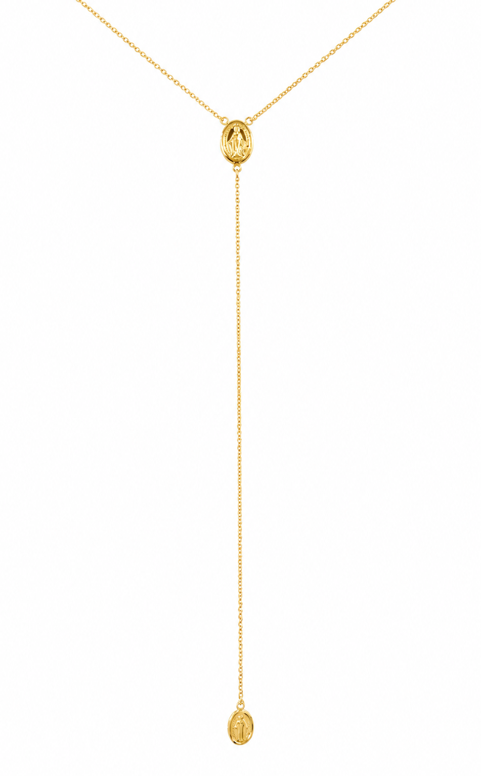     14K solid gold double Miraculous Medal necklace featuring two Italian Virgin Mary medals.