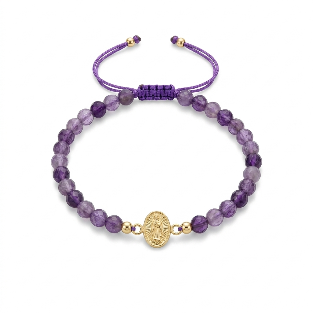14K solid yellow gold adjustable bracelet with natural amethyst stones, Miraculous Medal center, purple satin macramé cord, and round gold bead end details on white background