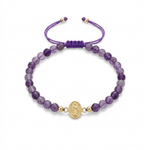 14K solid yellow gold adjustable bracelet with natural amethyst stones, Miraculous Medal center, purple satin macramé cord, and round gold bead end details on white background