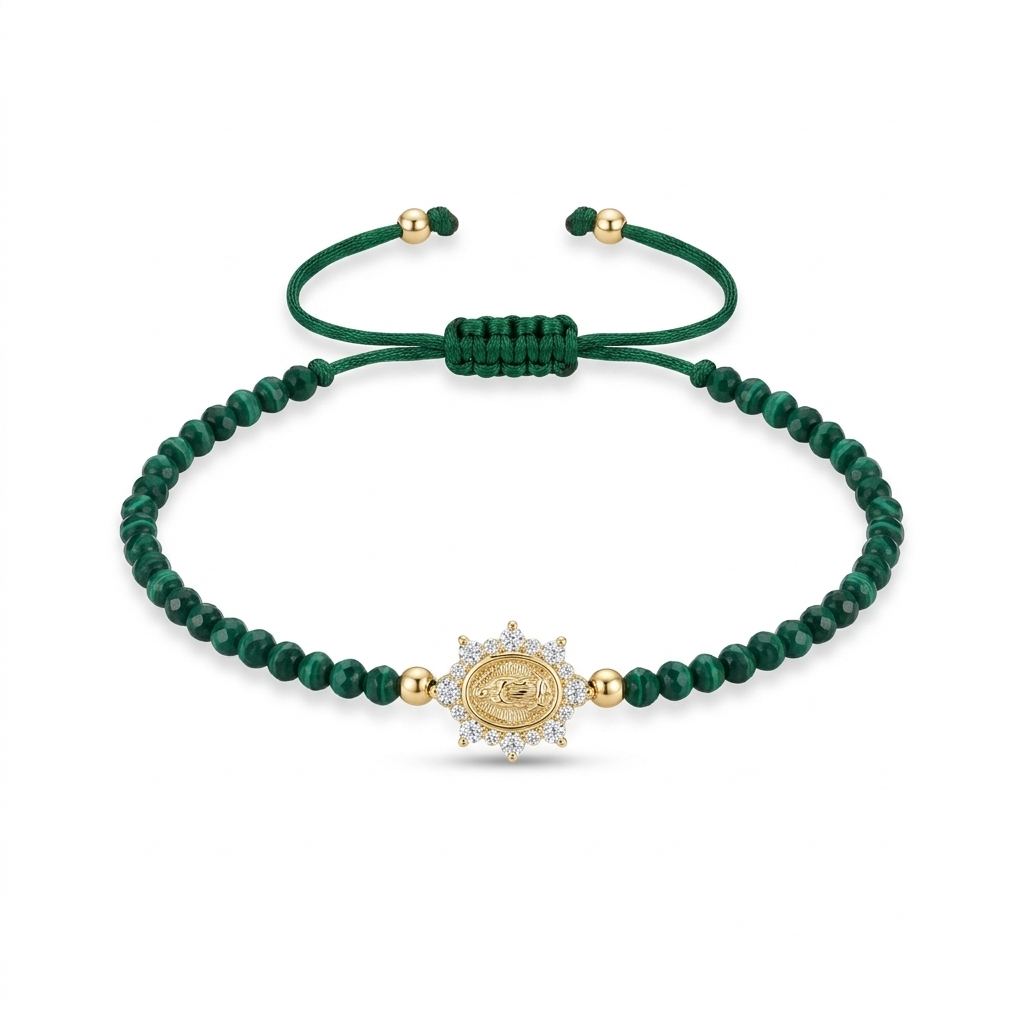 14K solid yellow gold adjustable bracelet with green malachite beads, Miraculous Medal with zirconia halo, green satin macramé cord, and gold bead end details