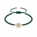 14K solid yellow gold adjustable bracelet with green malachite beads, Miraculous Medal with zirconia halo, green satin macramé cord, and gold bead end details