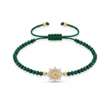 14K solid yellow gold adjustable bracelet with green malachite beads, Miraculous Medal with zirconia halo, green satin macramé cord, and gold bead end details