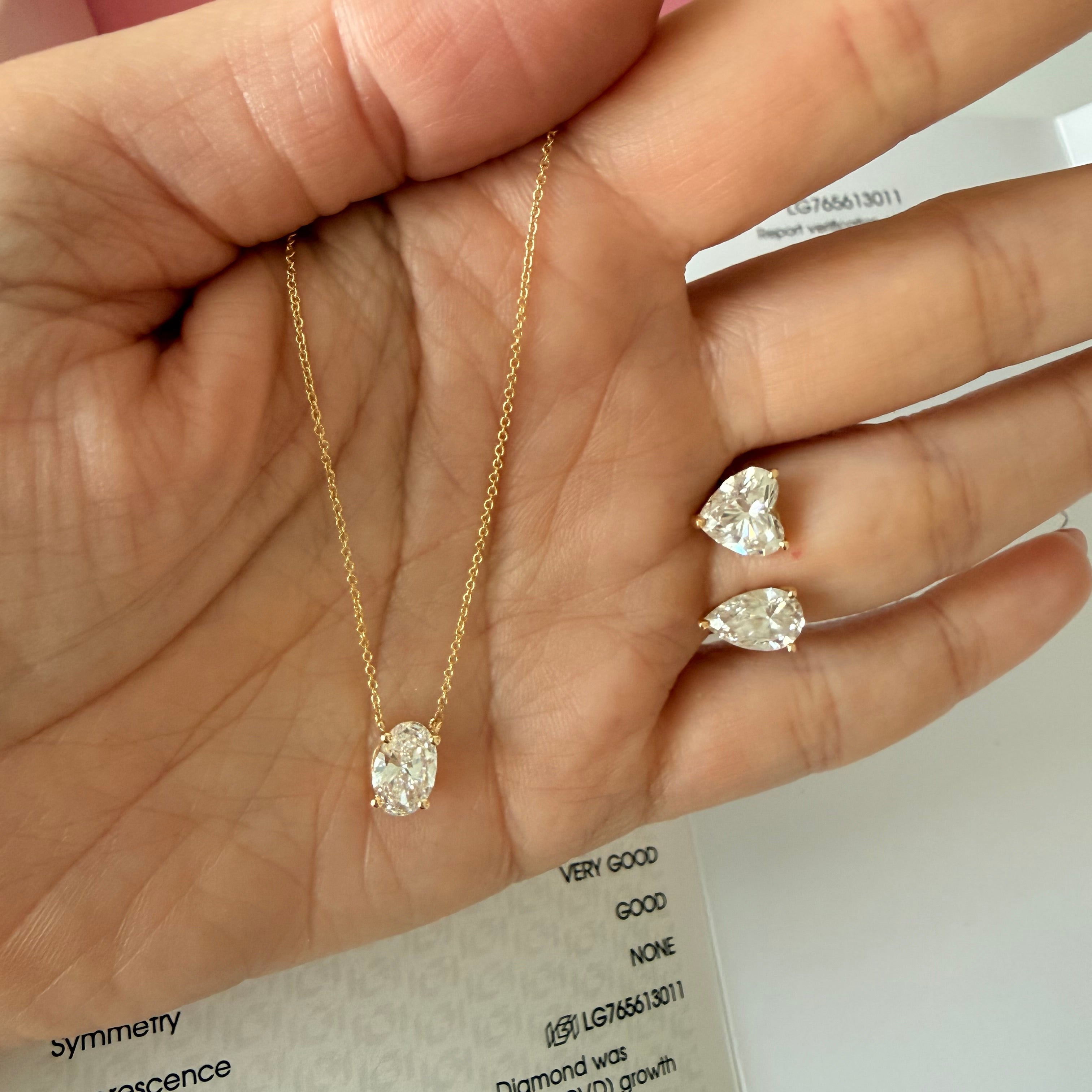 laboratory grown diamond report IGI oval diamond 1.09ct D VS1 with 14K gold pendant necklace