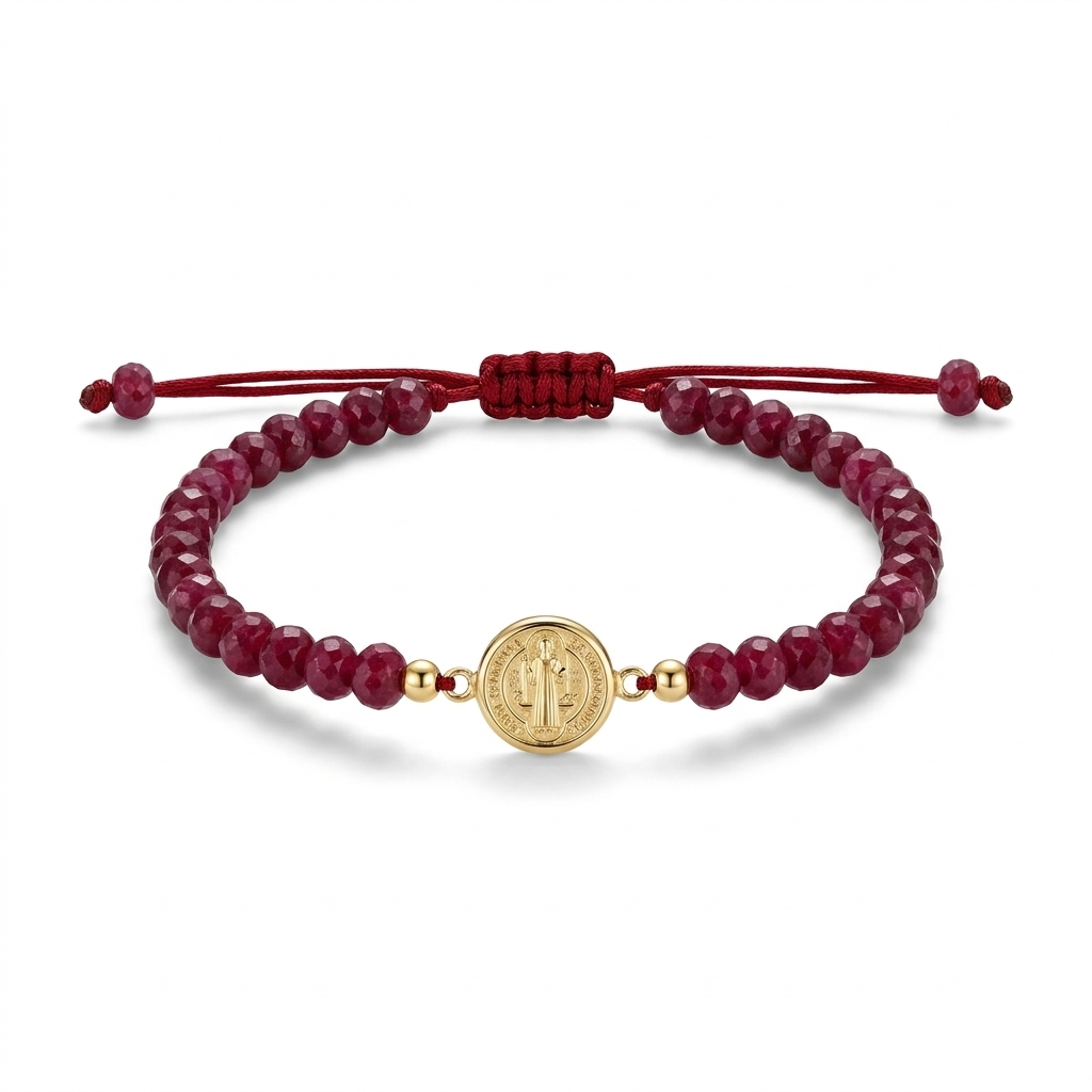 14K solid yellow gold Saint Benedict bracelet front view with Indian ruby stones, red satin adjustable macramé cord, and front-facing Saint Benedict medal
