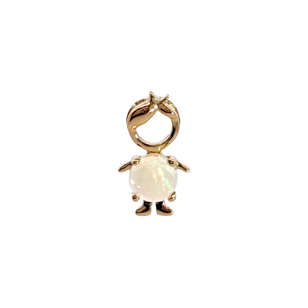 14K solid yellow gold boy and girl birthstone charms with colorful gemstones representing each birth month on a white background.