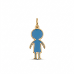 14K solid yellow gold personalized boy charm pendant featuring blue enamel and a polished gold outline, designed for custom family and children’s jewelry collections.